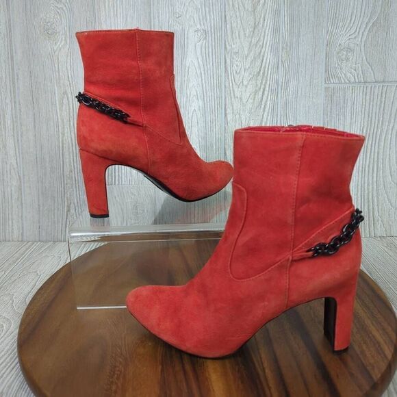 Calvin Klein Womens 8 Owena Suede Ankle Boots Red Chain Detail Zips High Heel - Picture 1 of 11